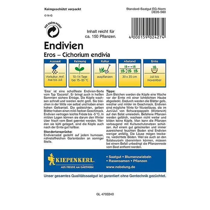 Kiepenkerl Profi-Line Salatsamen Endivie Eros - Cichorium endivia, Erntezeit: Juli - Rückansicht