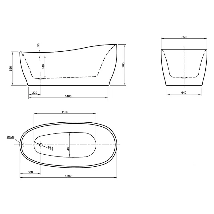 Ottofond Freistehende Badewanne Domani - 180 x 85 cm, Sanitäracryl, Schwarz/Weiß - Ansicht von oben