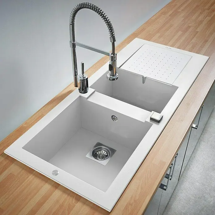 Carea Einbauspüle Eole - 118 x 50 cm, Warmluft-Trocknungsgebläse, CAREAlith®, Weiß - Linke Seitenansicht