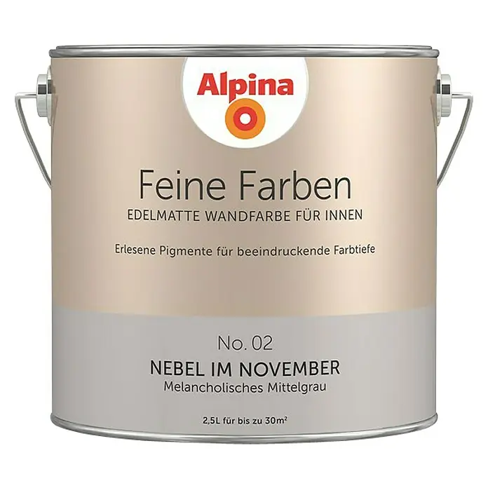 Alpina Wandfarbe Nebel im November - 2,5 l, Nebel im November, No. 02 - Melancholisches Mittelgrau, Matt - Vorderansicht