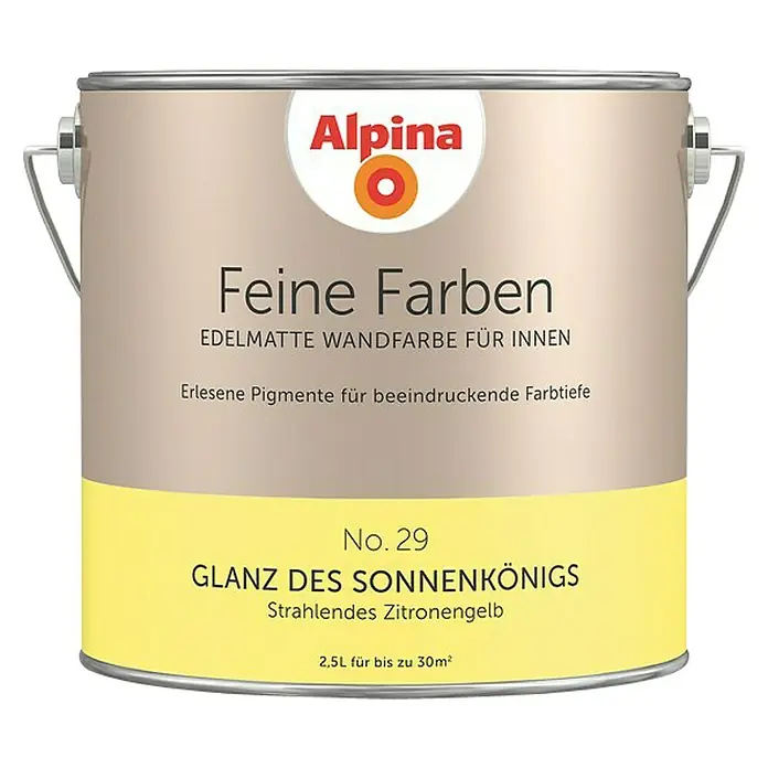Alpina Wandfarbe Feine Farben - 2,5 l, Glanz des Sonnenkönigs, No. 29 - Strahlendes Zitronengelb, Matt - Vorderansicht