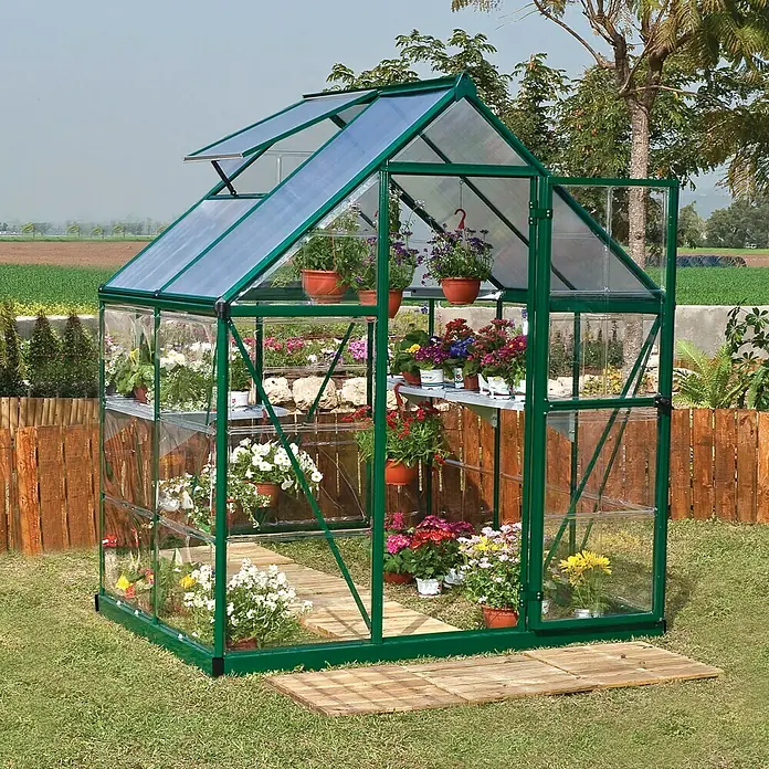 Palram – Canopia Gewächshaus Hybrid - 1,26 x 1,85 x 2,08 m, Polycarbonat, Glasstärke Seitenwände: 0,75 mm, Grün - Vorderansicht