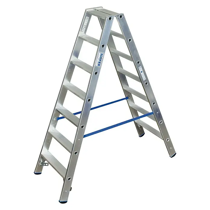 Krause Stabilo Stufen-Doppelleiter - Arbeitshöhe: 3,2 m, Anzahl Tritte: 2 x 7 Stufen, Tiefe Stufen: 80 mm, Aluminium - Linke Seitenansicht
