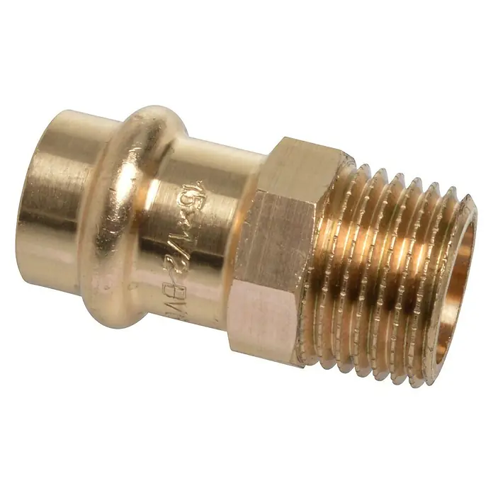 Press-Übergangsmuffe - Durchmesser: 15 mm, Außengewinde: ½″, Presskontur: V - Vorderansicht