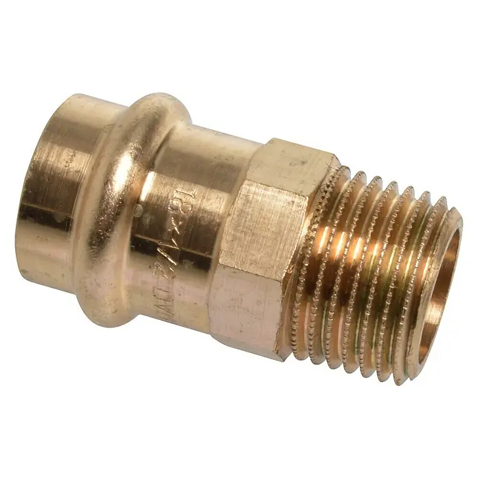 Press-Übergangsmuffe - Durchmesser: 18 mm, Außengewinde: ½″, Presskontur: V - Vorderansicht