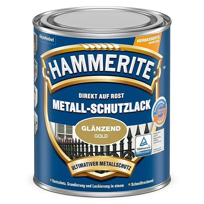 Hammerite Metall-Schutzlack - Gold, 250 ml, Glänzend, Lösemittelhaltig - Vorderansicht