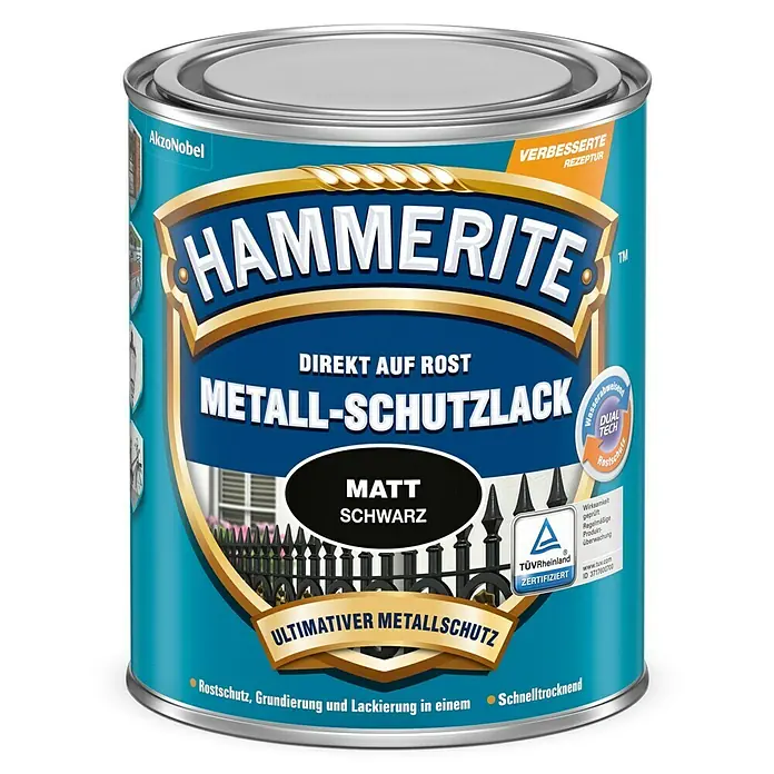 Hammerite Metall-Schutzlack - Schwarz, 250 ml, Matt, Lösemittelhaltig - Vorderansicht