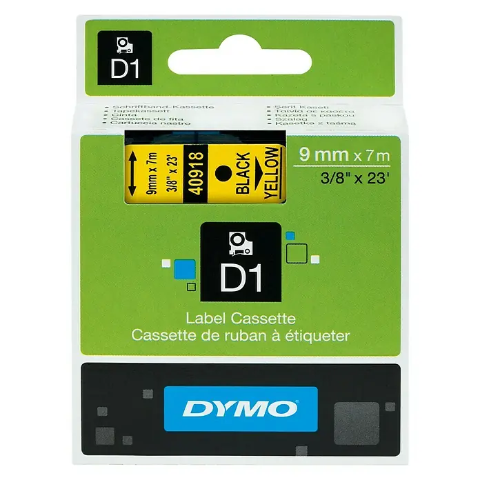 Dymo Beschriftungsband D1 - 7 m x 9 mm, Farbe Druck: Schwarz, Farbe Band: Gelb, Kunststoff - Vorderansicht