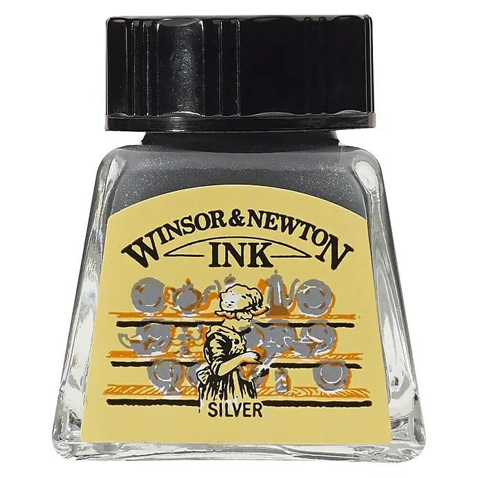 Winsor & Newton Tinta za crtanje - Srebrne boje, 14 ml, Boca - Pogled sprijeda