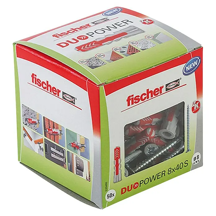 Fischer Tiple s vijcima Duopower - Promjer tiple: 8 mm, Duljina tiple: 40 mm, 50 kom, Vijak s upuštenom glavom - Pogled sprijeda