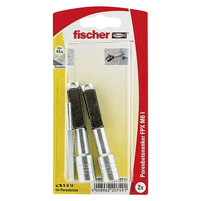 Fischer Porenbetonanker FPX - M6, Länge Dübel: 75 mm, 2 Stk., Galvanisch verzinkt - Vorderansicht