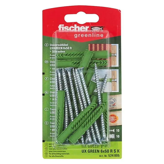Fischer Greenline Universaldübel-Set UX 6 x 50 R S GREEN K - Durchmesser Dübel: 6 mm, Länge Dübel: 50 mm, 10 Stk., Mit Rand, Spanplattenschraube - Vorderansicht