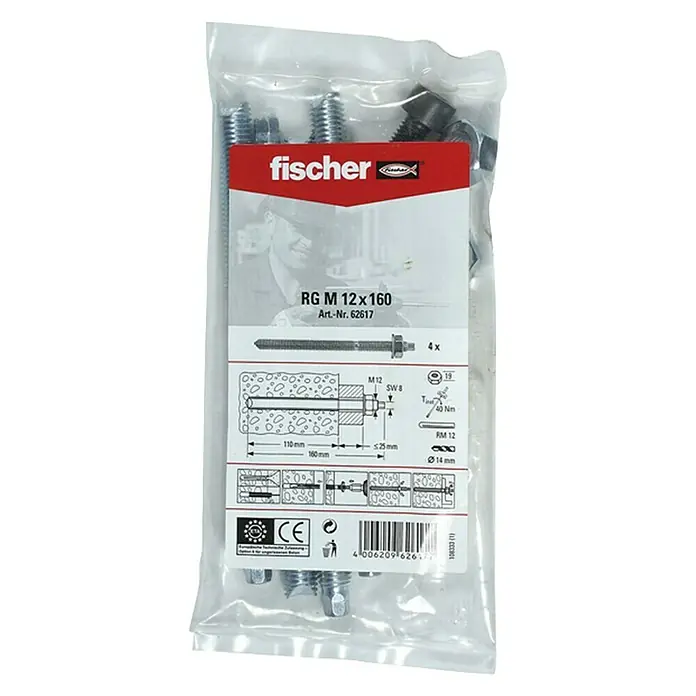 Fischer Gewindestangen RGM - M12, Länge: 16 cm, 4 Stk. - Vorderansicht