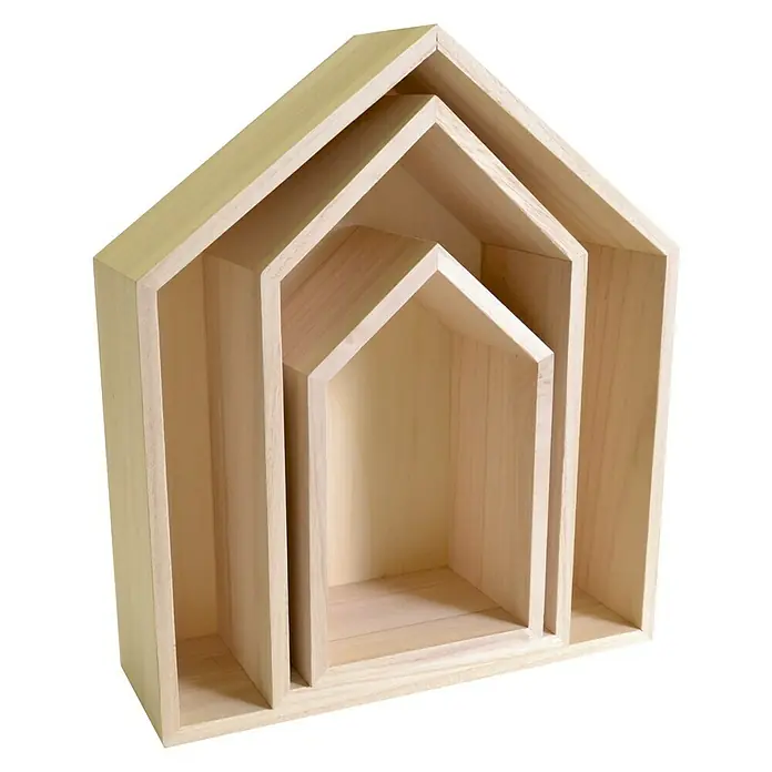 Set cajas de madera estantes Casa - 3 ud., Natural/marrón claro