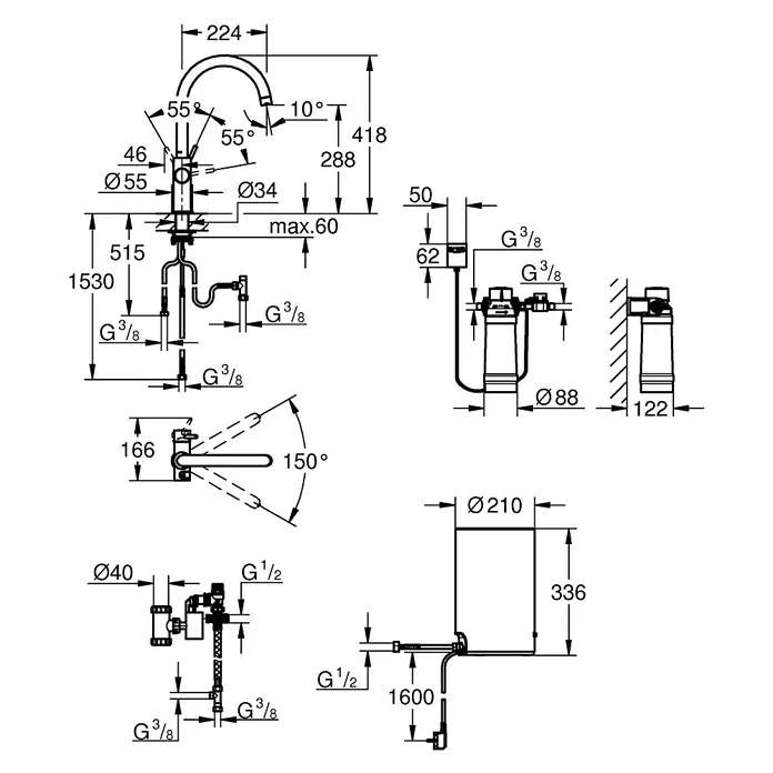 Grohe Spültischarmatur Red II Duo - C-Auslauf, Boiler: Größe M, Chrom - Vorderansicht