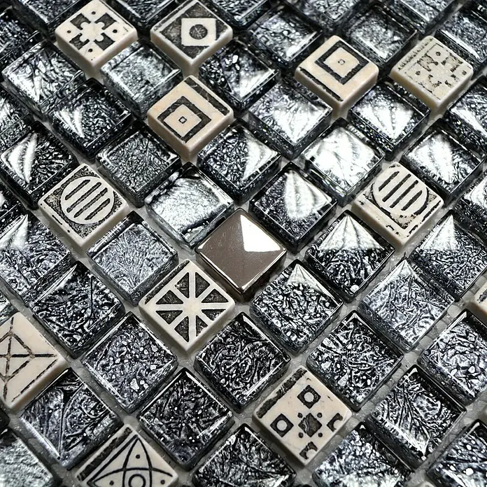 Mosaikfliese Quadrat Crystal Mix XCM ZEUS - 30 x 30 cm, Schwarz/Grau/Weiß, Glänzend - Detailaufnahme