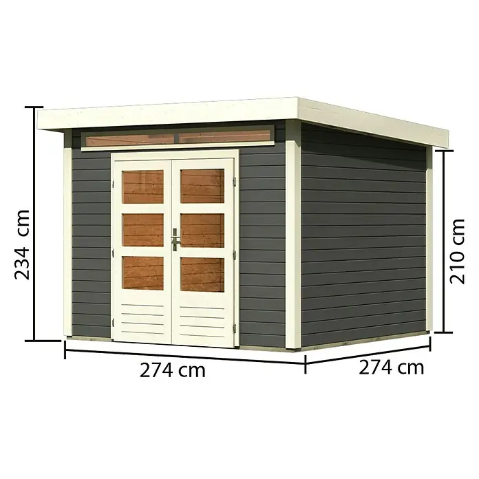 Karibu Gartenhaus Kandern 6 - 274 x 274 cm, Wandstärke: 28 mm, Flachdach, Terragrau - Rechte Seitenansicht
