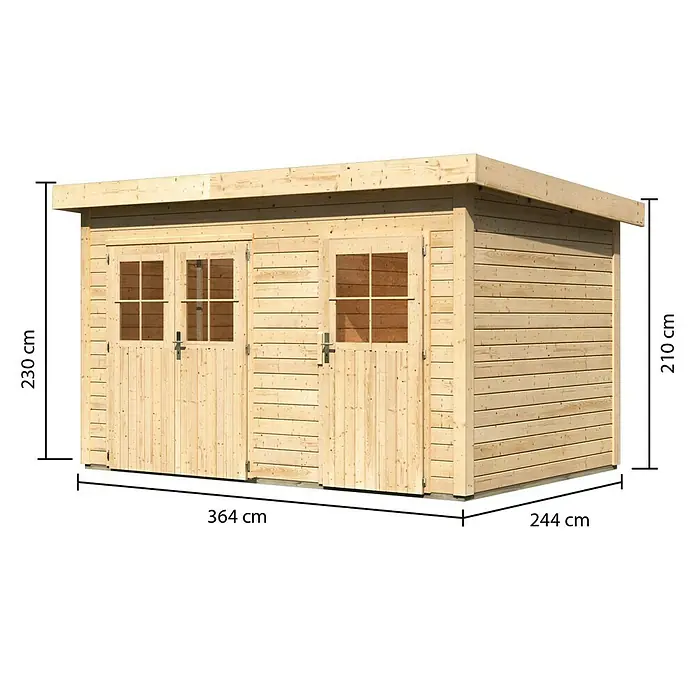 Karibu Gartenhaus Tintrup - 273 x 396 cm, Wandstärke: 28 mm, Flachdach, Natur - Rechte Seitenansicht