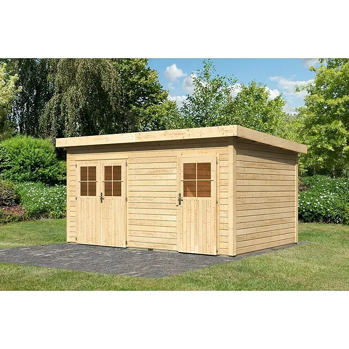 Karibu Gartenhaus Mattrup - 303 x 456 cm, Wandstärke: 28 mm, Flachdach, Natur - Rechte Seitenansicht