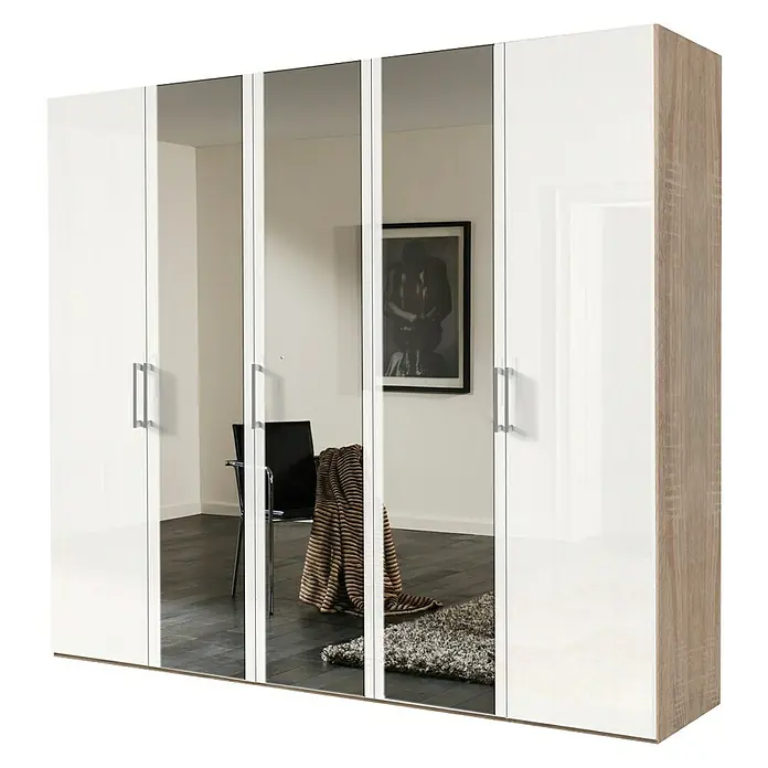 Express Möbel Kleiderschrank Brooklyn - L x B x H: 58 x 250 x 216 cm, Weiß/Sonoma Eiche, 3 Spiegel, Lackiert