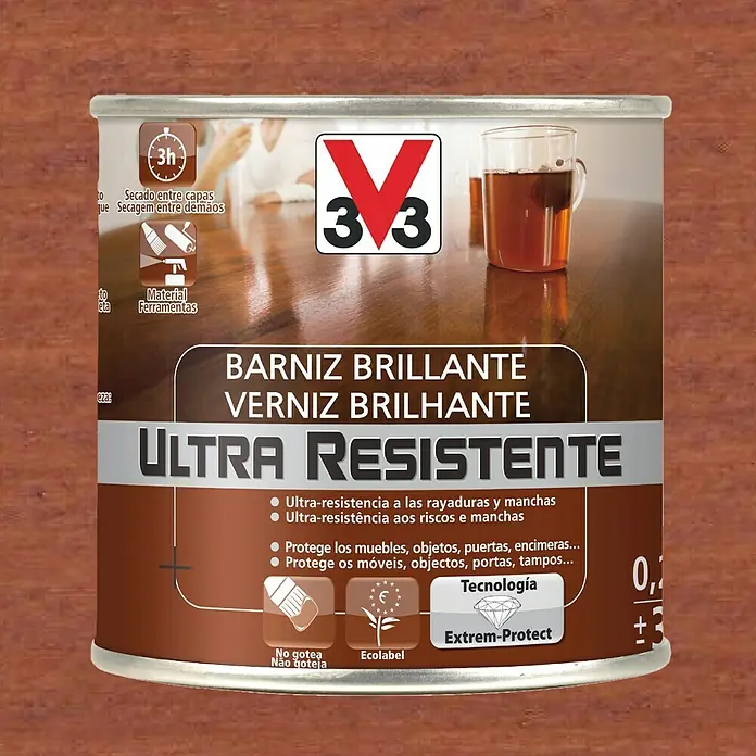 V33 Barniz para madera Brillante Ultra Resistente - Sapelly, Brillante, 250 ml