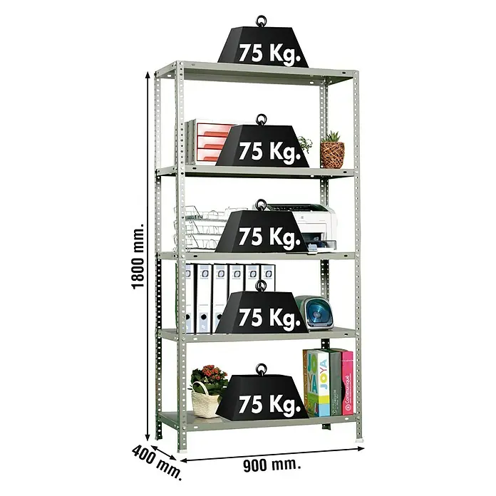 Simonrack Simonclassic Estantería metálica 5/400 - L x An x Al: 40 x 90 x 180 cm, Capacidad de carga: 75 kg/balda, Número de baldas: 5 ud., Atornillado, Plateado