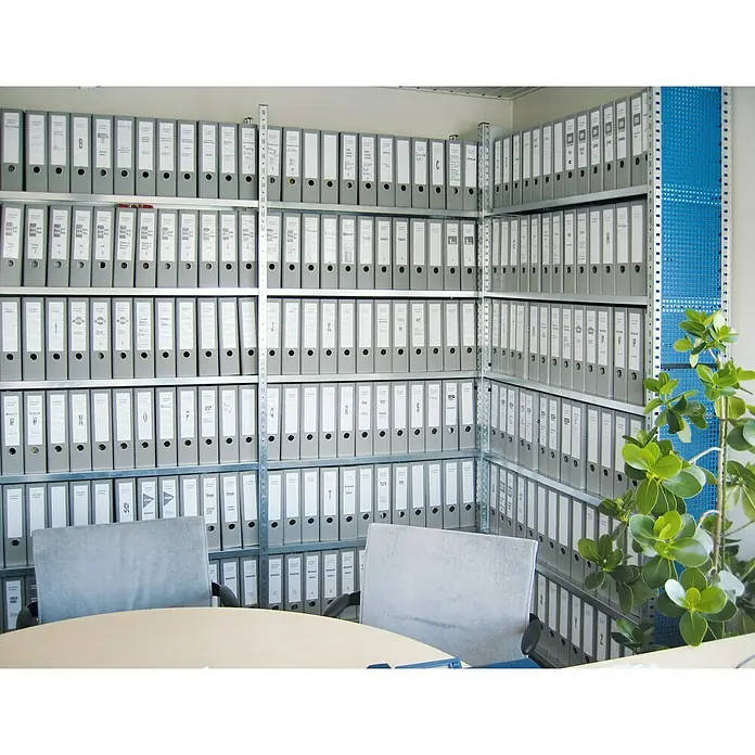 Scholz Aktenregal Grundelement - Länge: 850 mm, Breite: 300 mm, Höhe: 1.920 mm, Traglast: 100 kg/Boden, Anzahl Böden: 6 Stk. - Stimmungsaufnahme