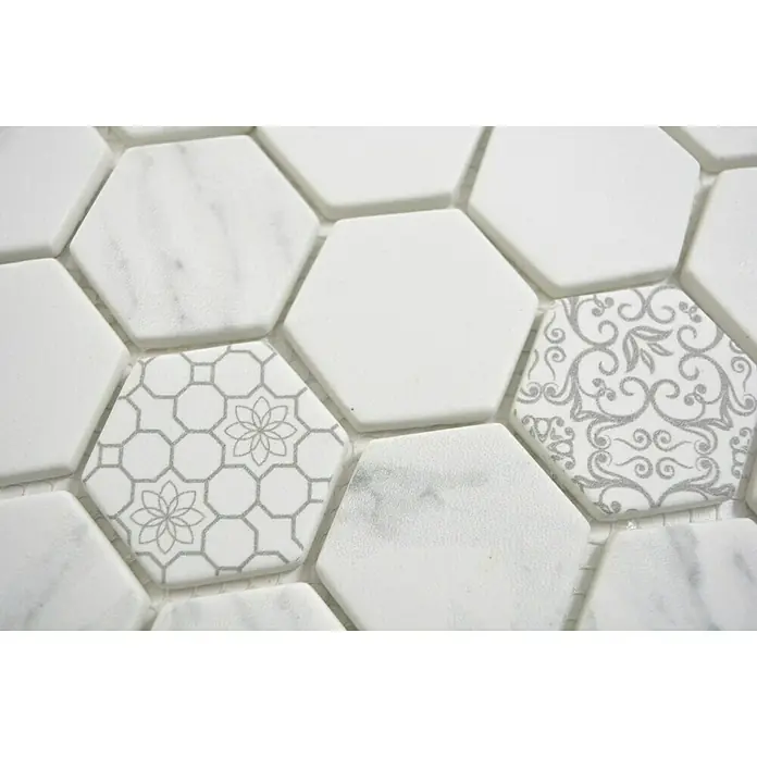 Mozaïektegel Hexagon Mix EMILY HX65 - 32,4 x 28 cm, Grijs/Wit, Mat - Close-up