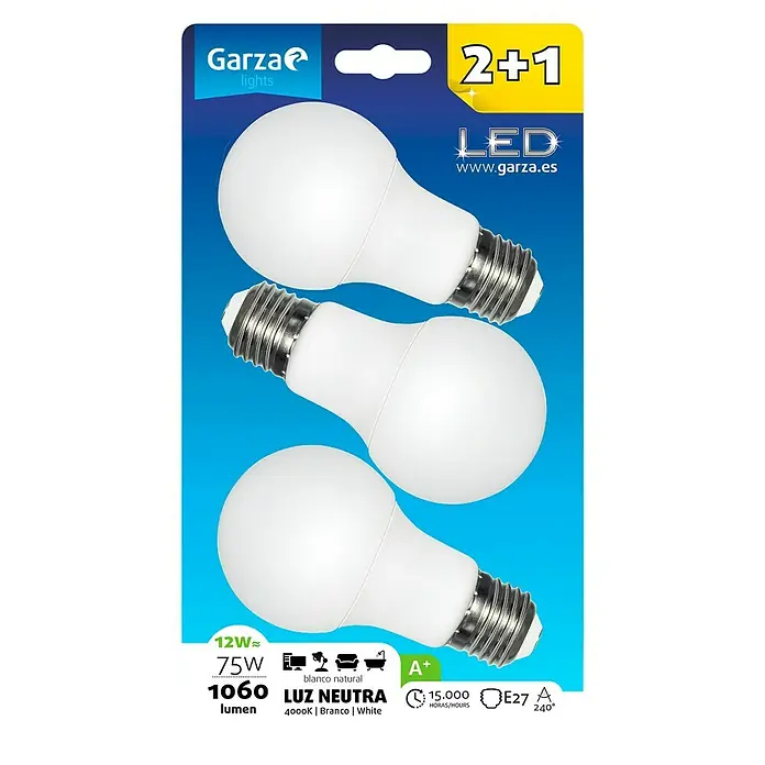 Garza Bombilla LED - 3 uds., 12 W, E27, Color de luz: Blanco neutro