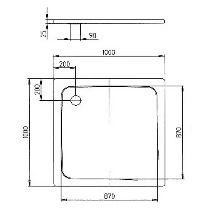 Kaldewei Duschwanne Superplan 391-1 - L x B: 100 x 100 cm, Stahl, Weiß - Skizze