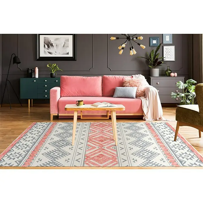 Kayoom Flachgewebeteppich Ethnie - Grau/Rot, 230 x 160 cm, 100 % Baumwolle - Stimmungsaufnahme