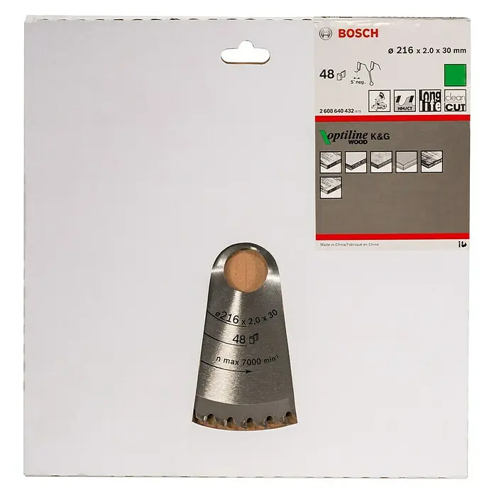 Bosch Kreissägeblatt Optiline Wood - Durchmesser: 216 mm, Bohrung: 30 mm, Anzahl Zähne: 48 Zähne - Vorderansicht