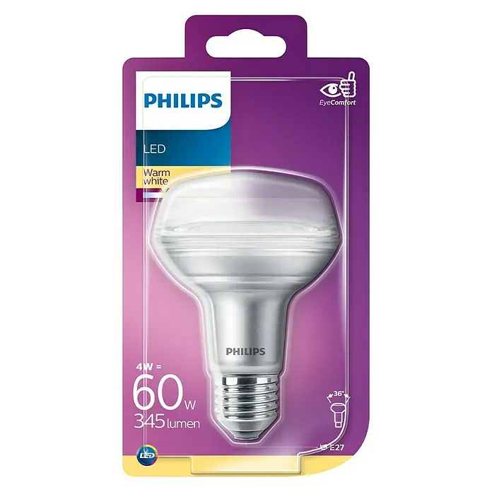Philips Bombilla reflectora LED - 4 W, E27, 36 °, Color de luz: Blanco cálido, No regulable