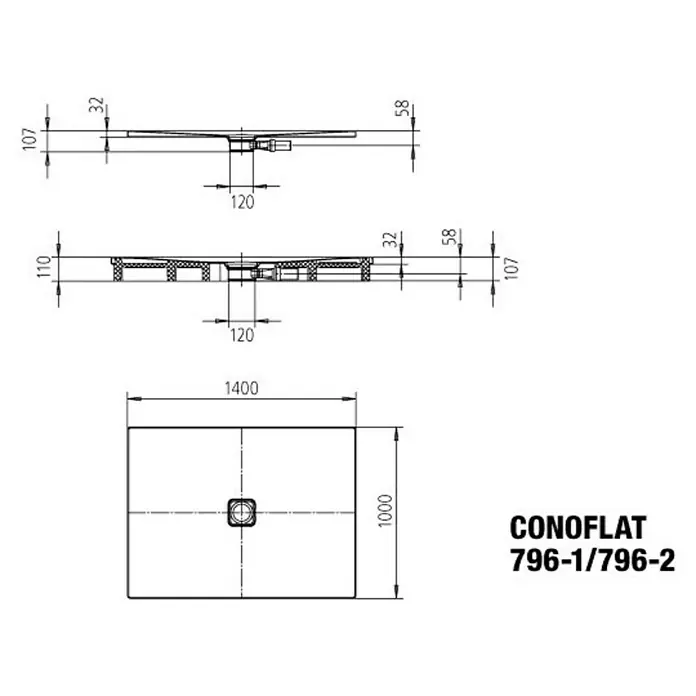 Kaldewei Duschwanne Conoflat 796-1 - L x B: 140 x 100 cm, Stahl, Weiß - Skizze