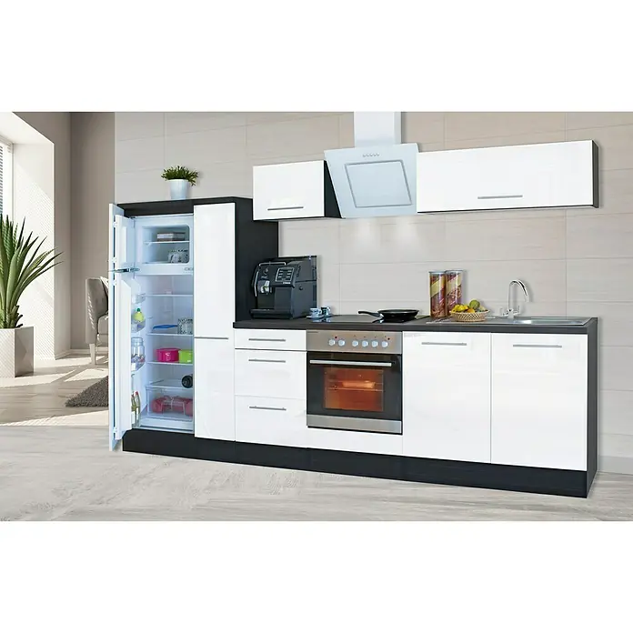 Respekta Premium Küchenzeile RP300EWCBO - Breite: 300 cm, Mit Elektrogeräten, Weiß Hochglanz