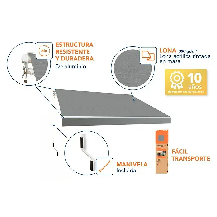 SmartSun Toldo de brazos articulados Original Kit Acrílico - Gris, Ancho: 4 m, Caída: 2,5 m