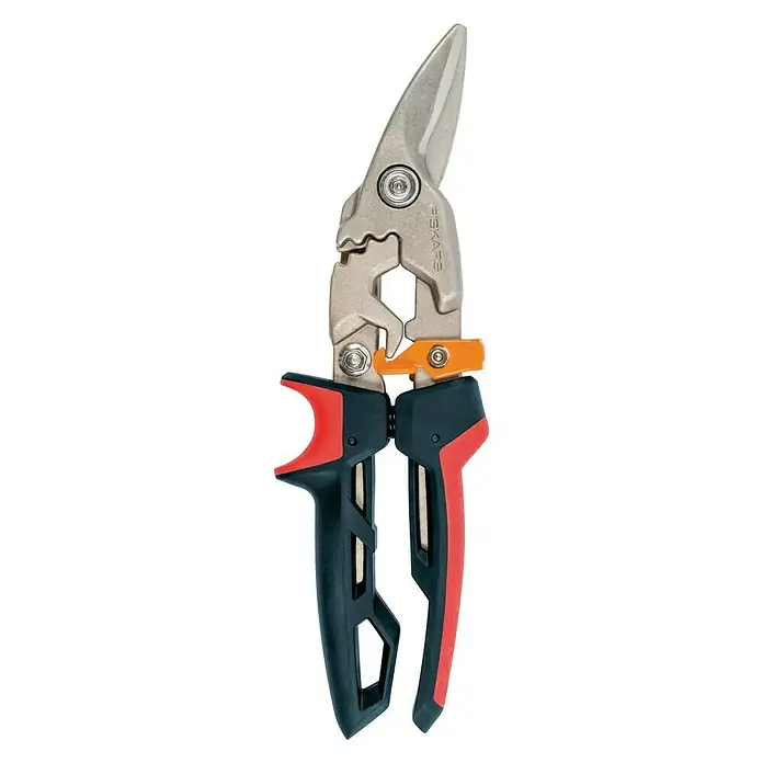 Fiskars PowerGear Tijeras para chapa - Largo: 29 cm, Longitud de corte: 38,1 mm, Corte a derecha, Negro/Rojo