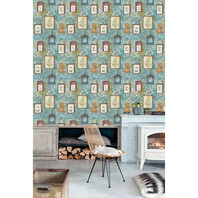 Dutch Wallcoverings Vliesbehang Lijstjes Blauw/Groen - Blauw, Ornament, 10 x 0,53 m