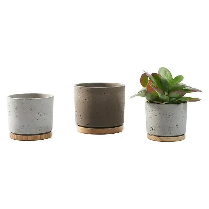 Soendgen Keramik Übertopf rund Paros Deluxe - Außenmaß (Ø x H): 14 x 13 cm, Sandgrau, Holz