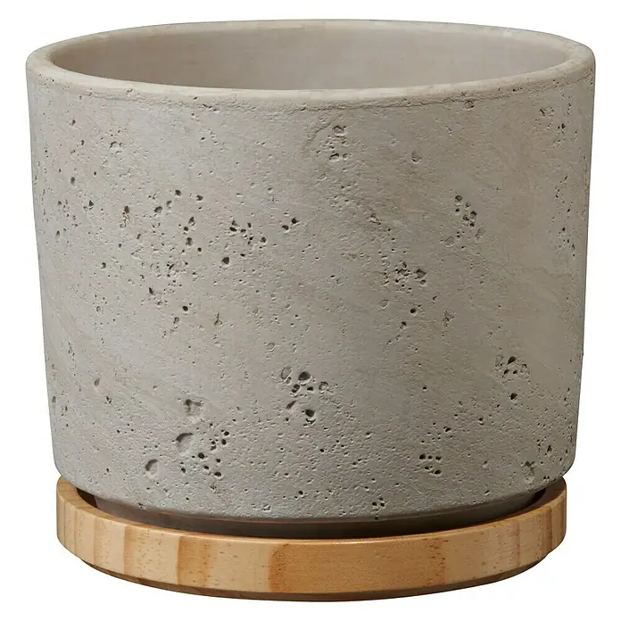 Soendgen Keramik Übertopf rund Paros Deluxe - Außenmaß (Ø x H): 19 x 17 cm, Hellgrau, Holz