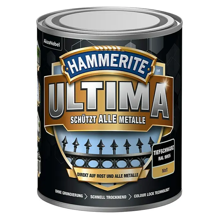 Hammerite Metall-Schutzlack ULTIMA - RAL 9005, Tiefschwarz, 750 ml, Matt