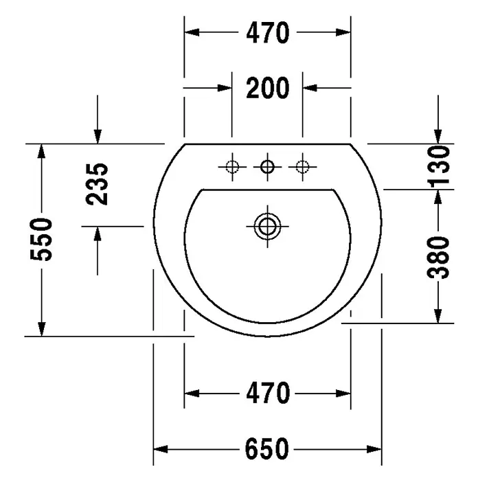 Duravit Darling New Waschtisch - 65 x 55 cm, Ohne Spezialglasur, Hahnloch: Mitte, Anzahl Hahnlöcher: 1, Weiß - Skizze
