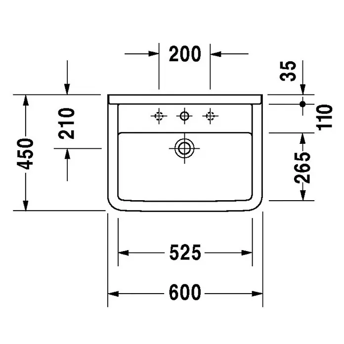 Duravit Starck 3 Waschtisch Typ 2 - 60 x 45 cm, Mit schmutzabweisender Glasur, Hahnloch: Mitte, Mit Überlauf, Weiß - Skizze