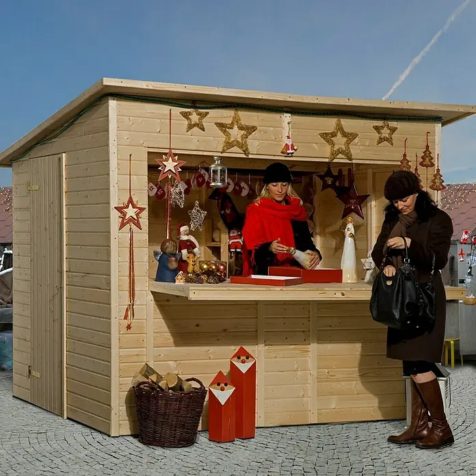 Weka Marktstand - Außenbreite inkl. Dachüberstand: 283 cm, Außentiefe inkl. Dachüberstand: 240 cm, Holz, Natur - Anwendungsbeispiel