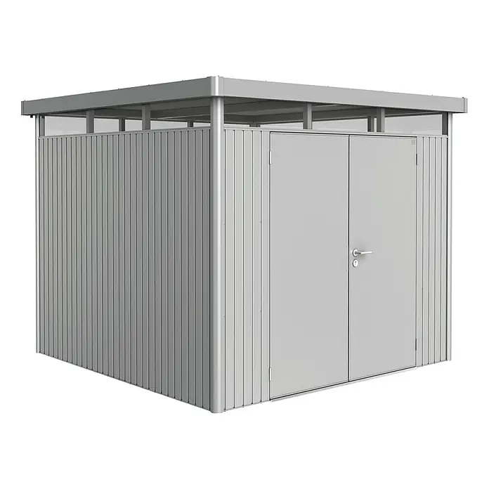 Biohort Gerätehaus HighLine - 275 x 275 cm, Stahl, Silber Metallic, Doppeltür - Linke Seitenansicht