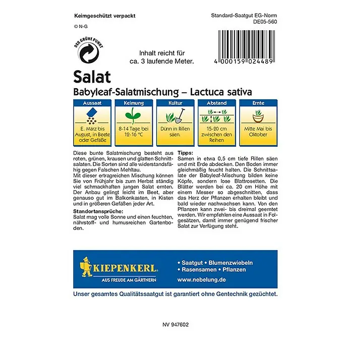 Kiepenkerl Profi-Line Salatsamen Blattsalat Babyleaf-Mischung - Lactuca sativa, Erntezeit: April - Rückansicht