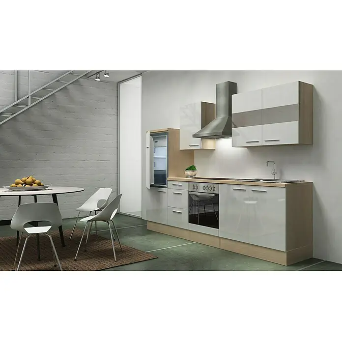 Respekta Küchenzeile Premium RP270AWC - L x B x H: 270 x 60 x 200 cm, Akazie-Nachbildung, Weiß Hochglanz