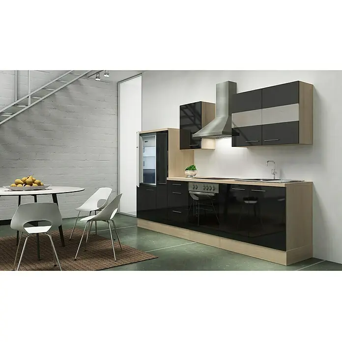 Respekta Küchenzeile Premium RP300ASC - L x B x H: 300 x 60 x 200 cm, Akazie-Nachbildung, Schwarz Hochglanz