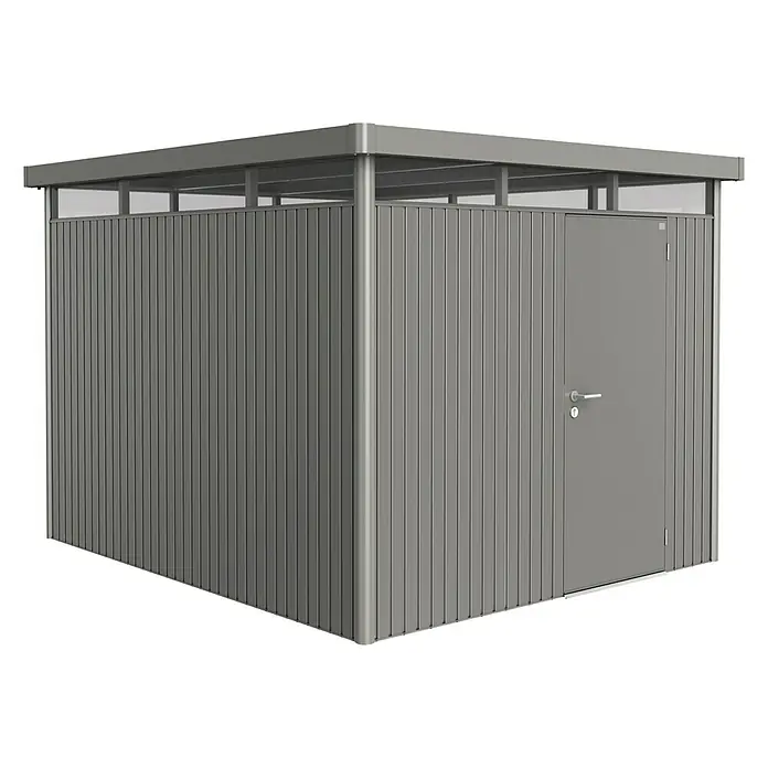 Biohort Gerätehaus HighLine H5 ST - Außenbreite inkl. Dachüberstand: 275 cm, Außentiefe inkl. Dachüberstand: 315 cm, Stahl, Quarzgrau Metallic, Einzeltür - Vorderansicht