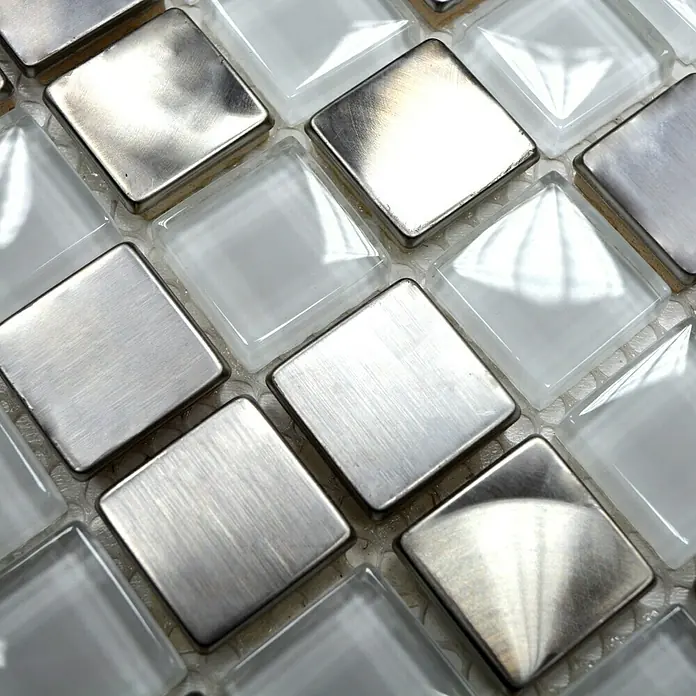 Mosaikfliese Quadrat Crystal Mix XAM A841 - 32,7 x 30,2 cm, Weiß/Silber, Glänzend